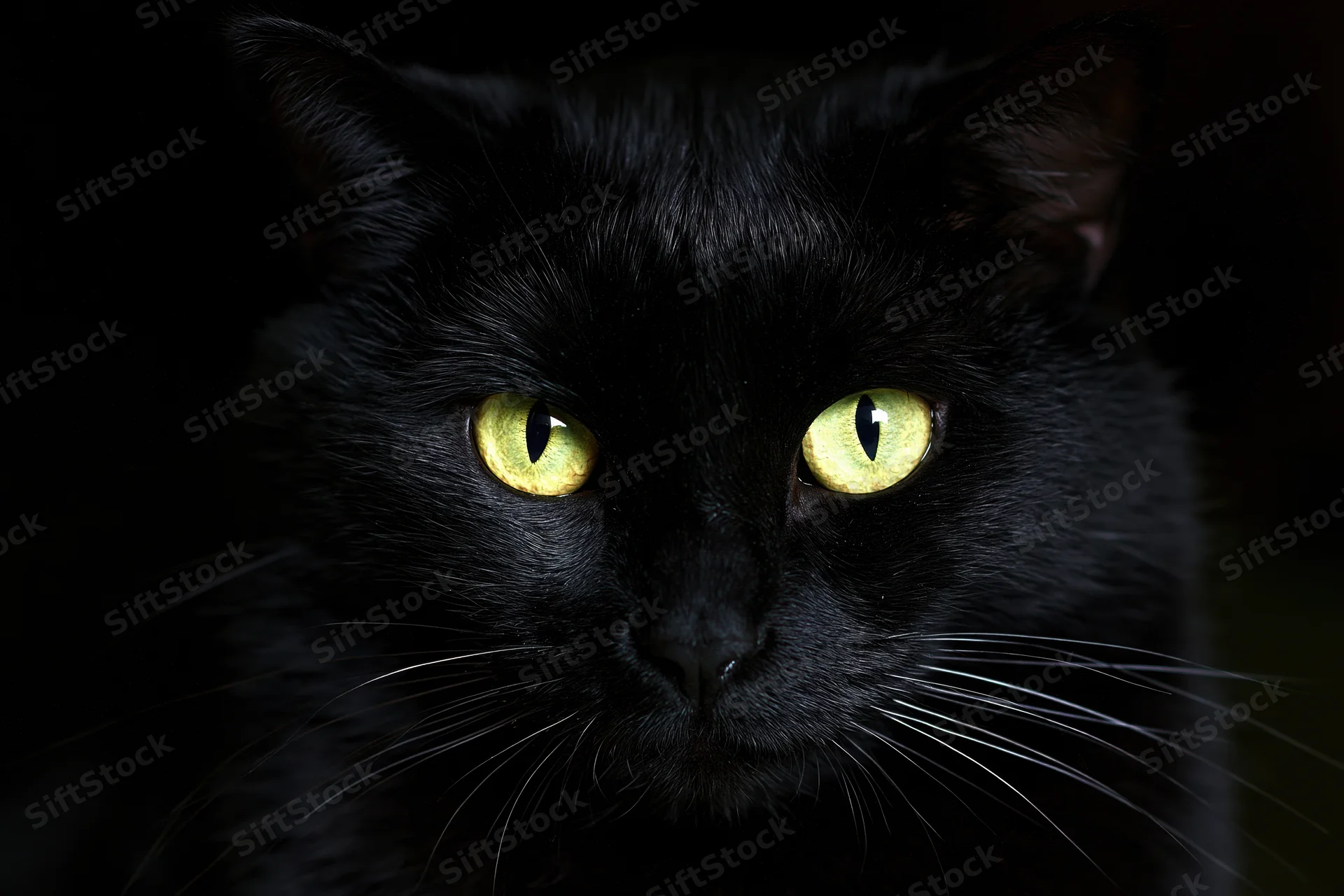 Black cat staring directly into camera with intense yellow eyes in dark setting