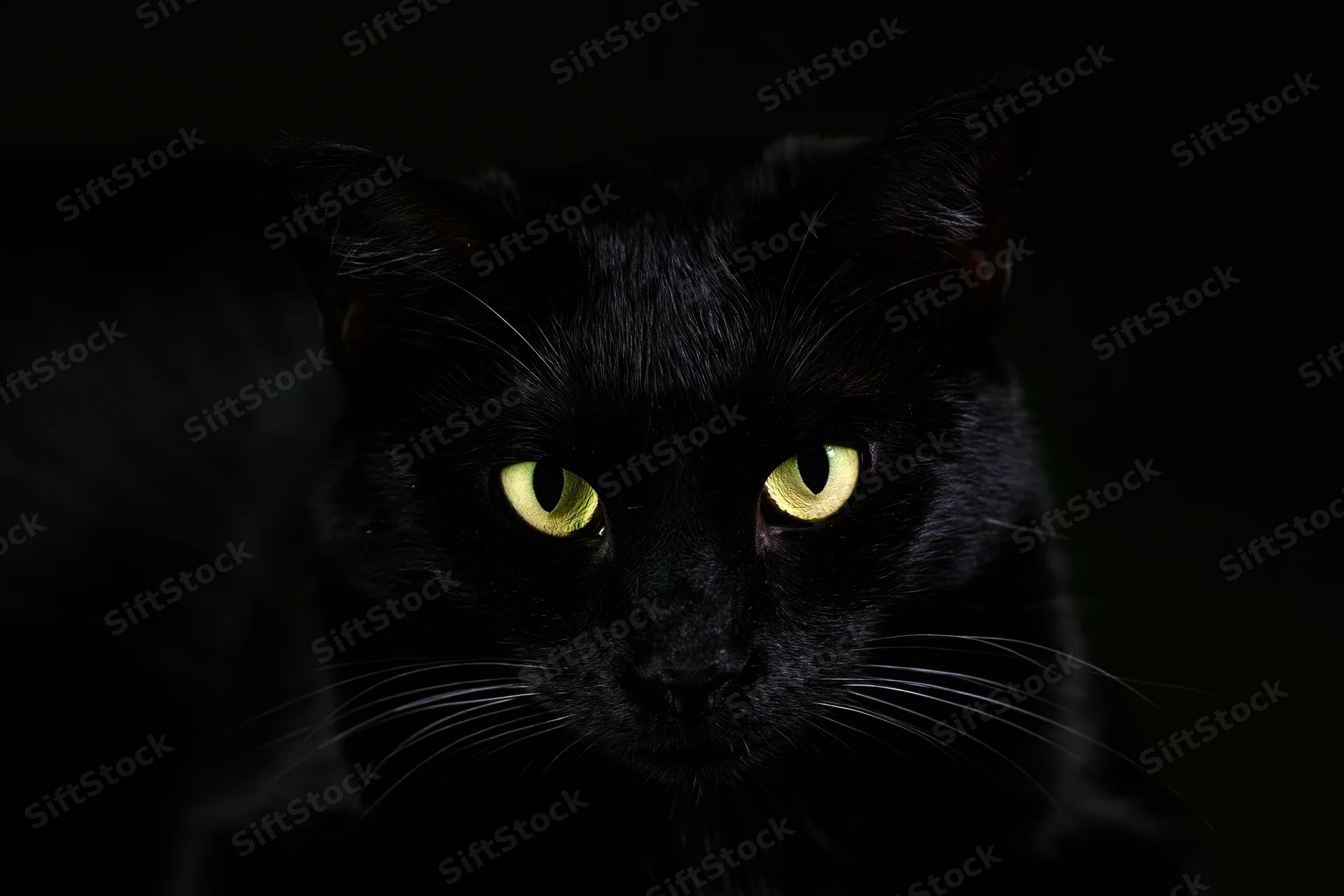Black cat staring directly into camera with glowing yellow eyes in dark setting