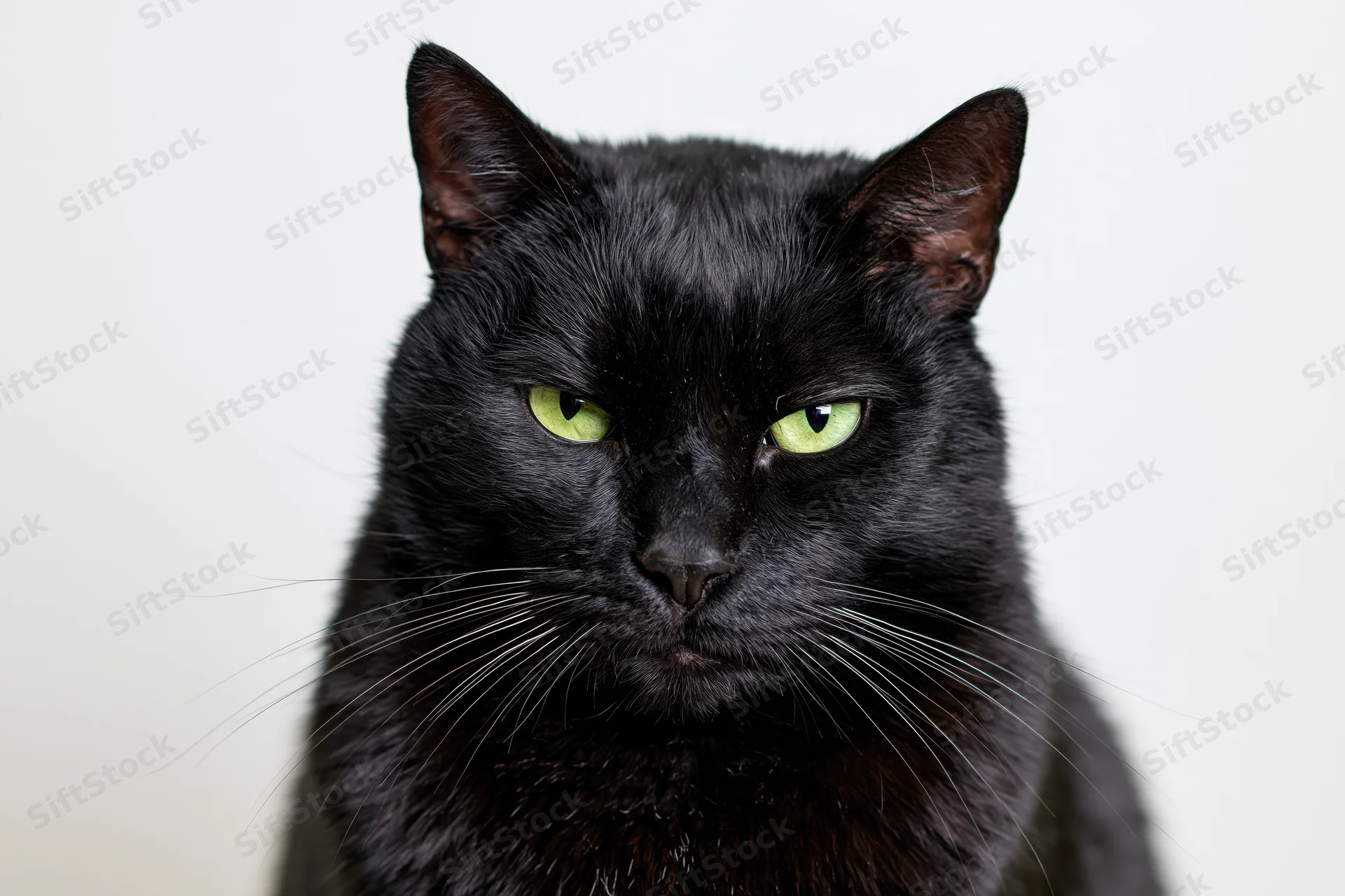 Black cat staring directly at camera with intense green eyes in studio portrait
