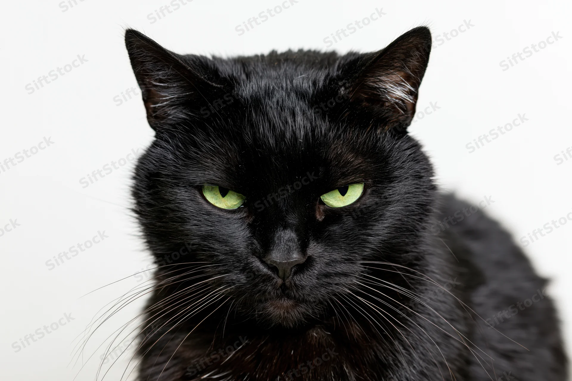 Black cat staring directly into camera with intense green eyes in studio portrait