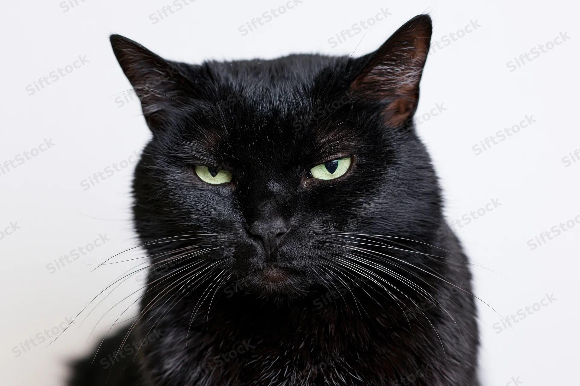 Black cat staring directly at camera with half-lidded green eyes in studio portrait