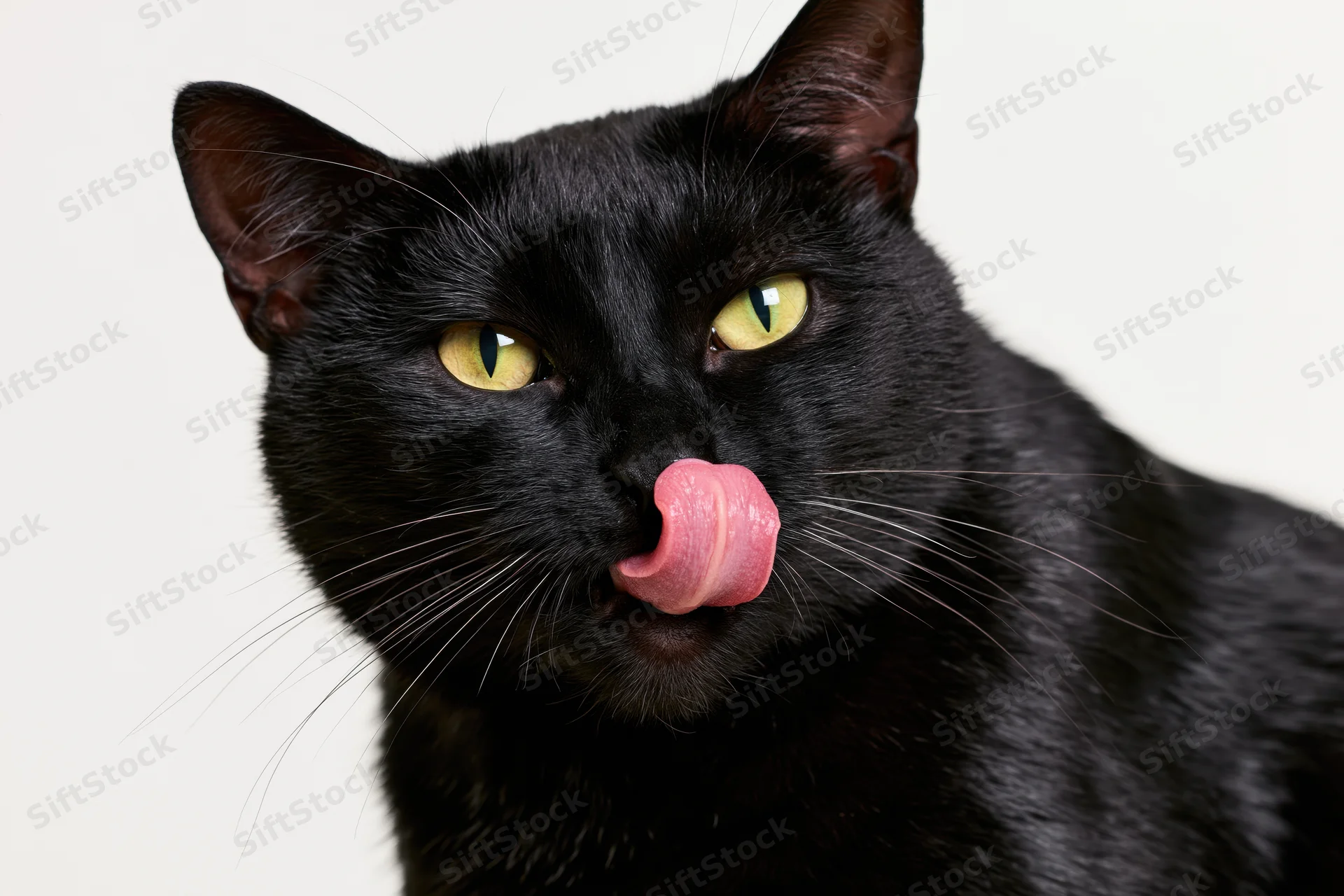Black cat licking its nose in a studio portrait against a white background