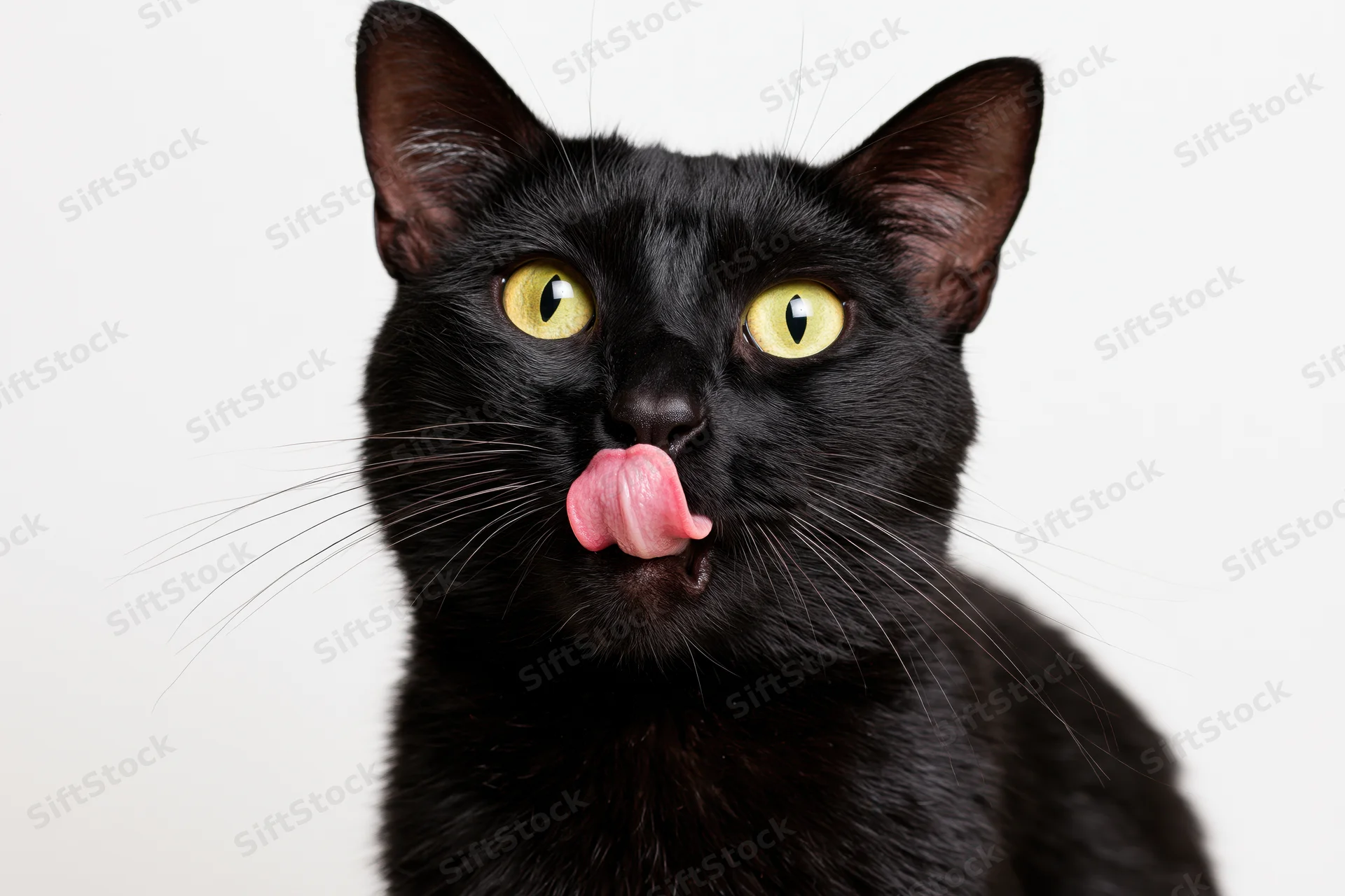 Black cat licking its lips with yellow eyes in studio portrait against white background