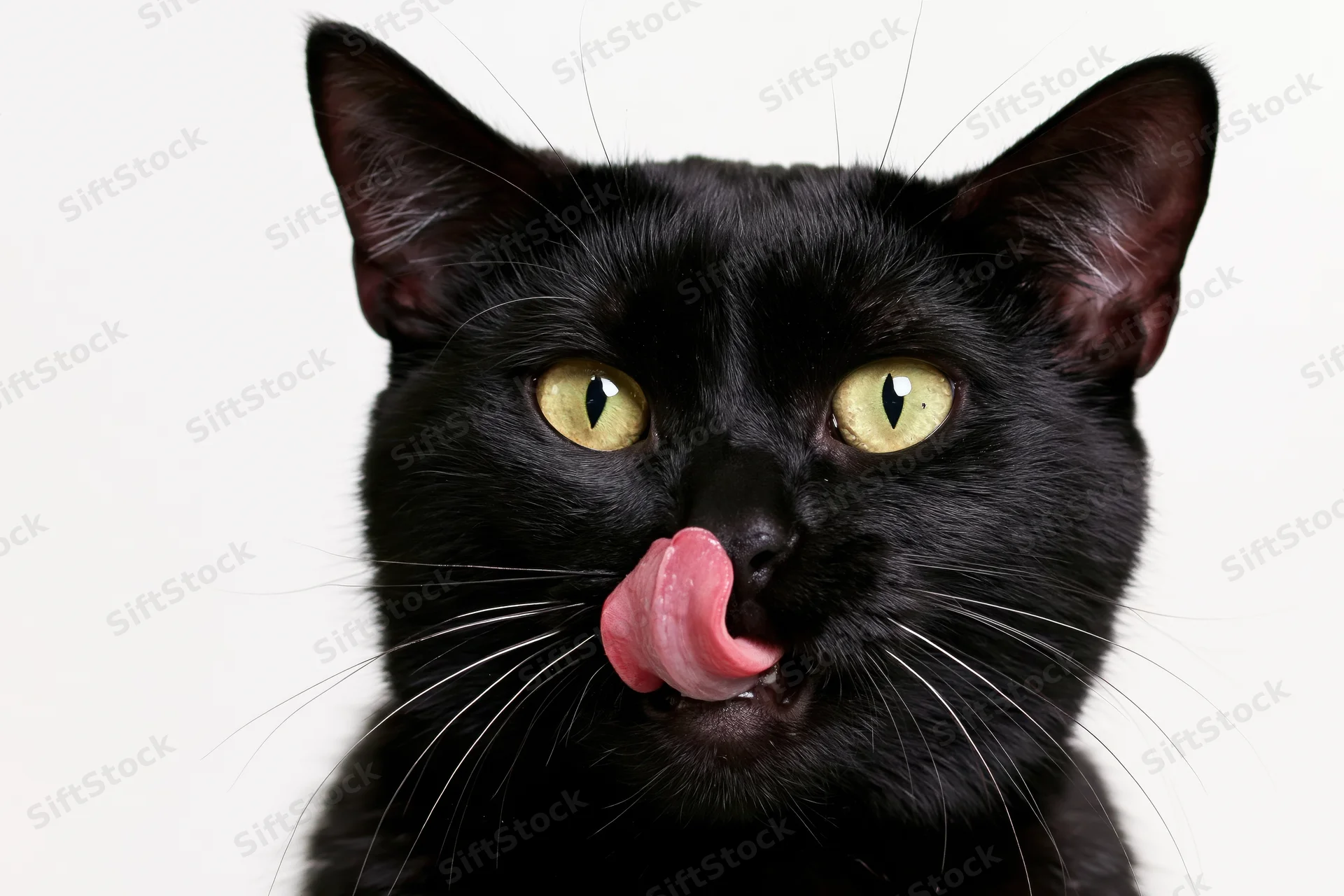 Black cat licking its nose with tongue out, looking directly at camera against white background