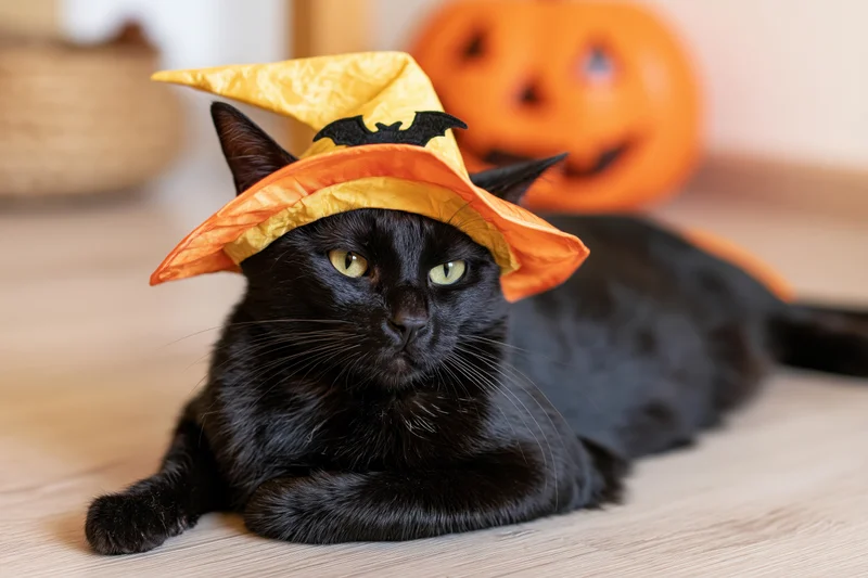 Black cat wearing a witch hat lying on wooden floor with pumpkin in background
