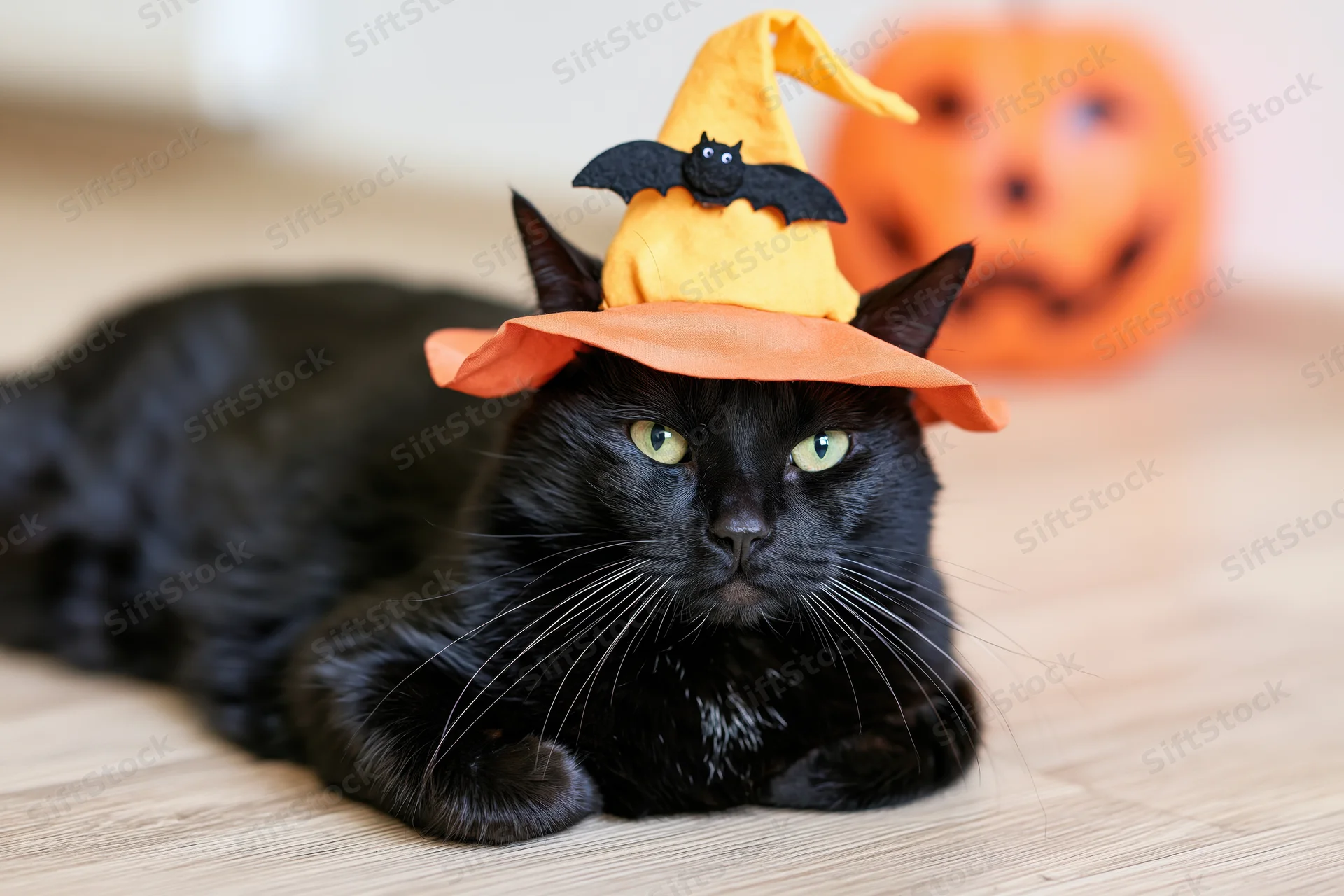 Black cat wearing a witch hat lying on wooden floor with pumpkin in background