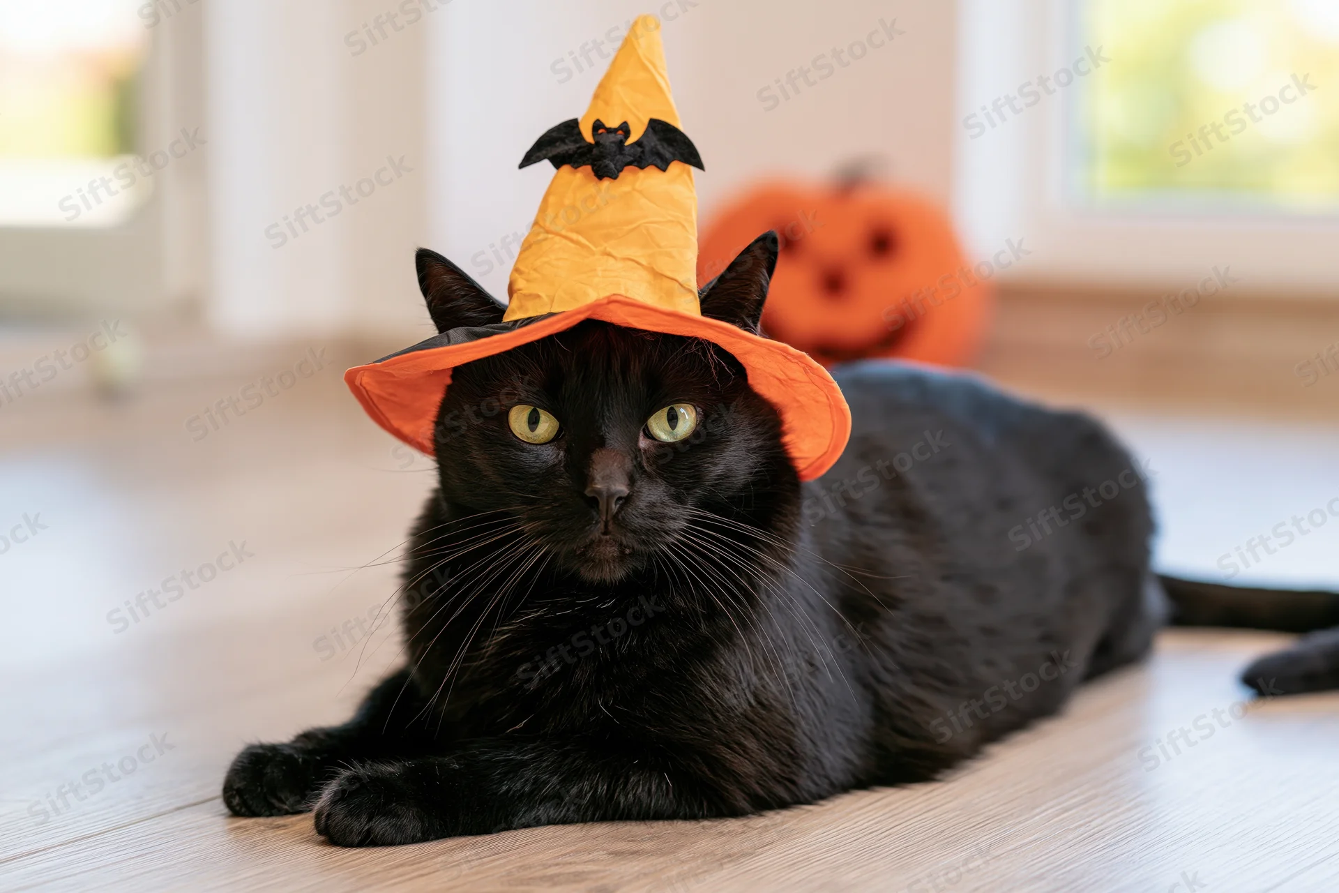 Black cat wearing witch hat lying on wooden floor near window with pumpkin decoration in background