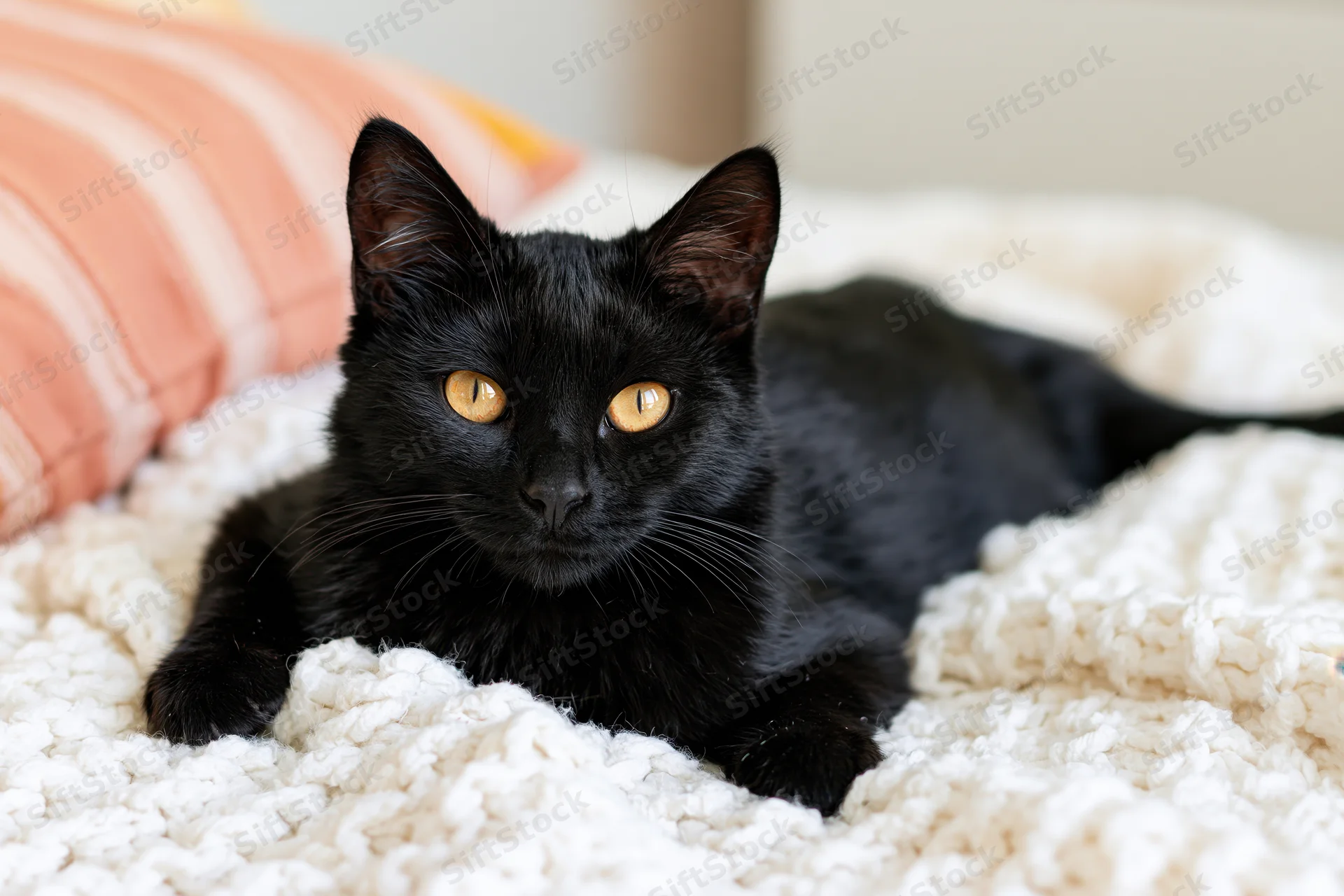 Black cat lying alert on a white knitted blanket in a cozy bedroom