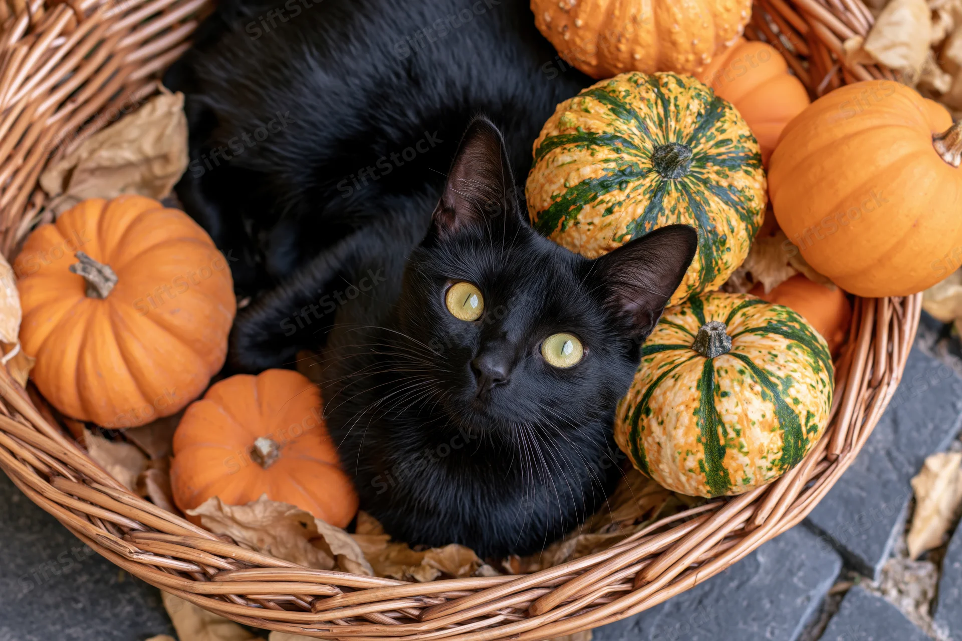 Black cat lying curled in a wicker basket filled with pumpkins and dried leaves