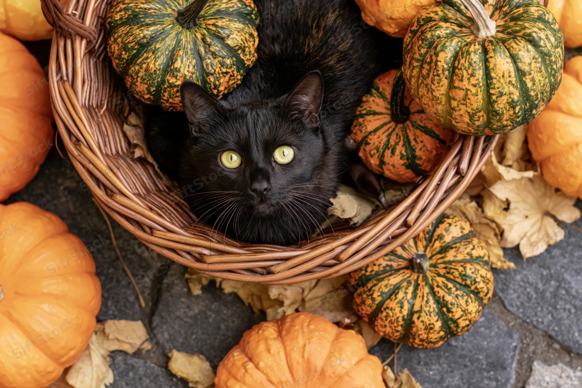 Black cat lying in a wicker basket surrounded by pumpkins and dried leaves on a stone floor