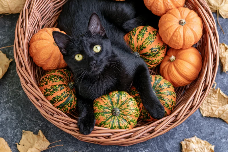 Black cat lying in a wicker basket filled with pumpkins and autumn leaves
