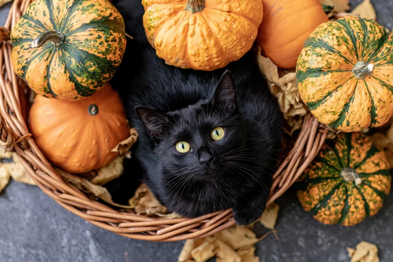 Black cat with bright yellow-green eyes lying in a wicker basket surrounded by pumpkins and dry leaves