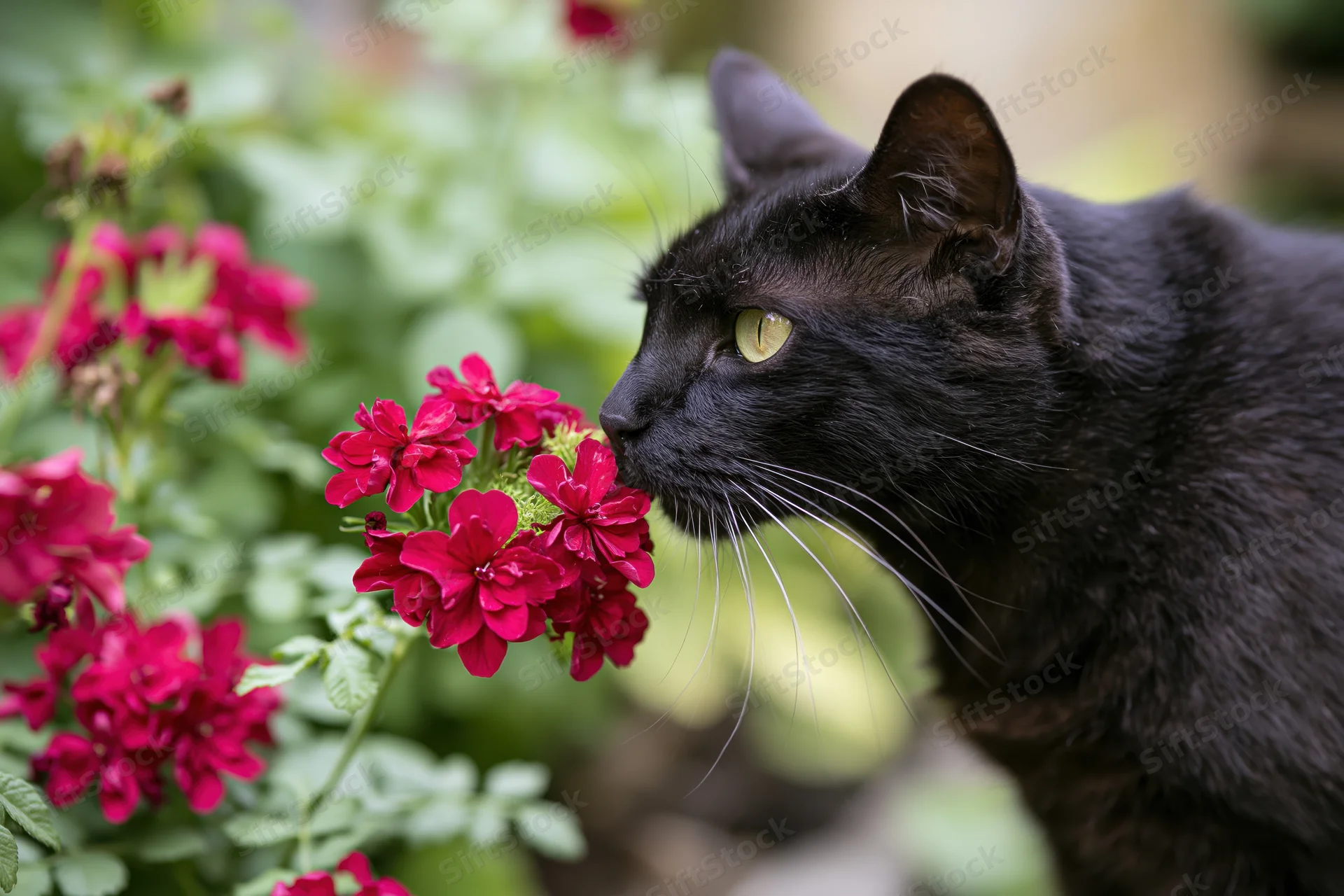 Black cat sniffing red flowers in a garden
