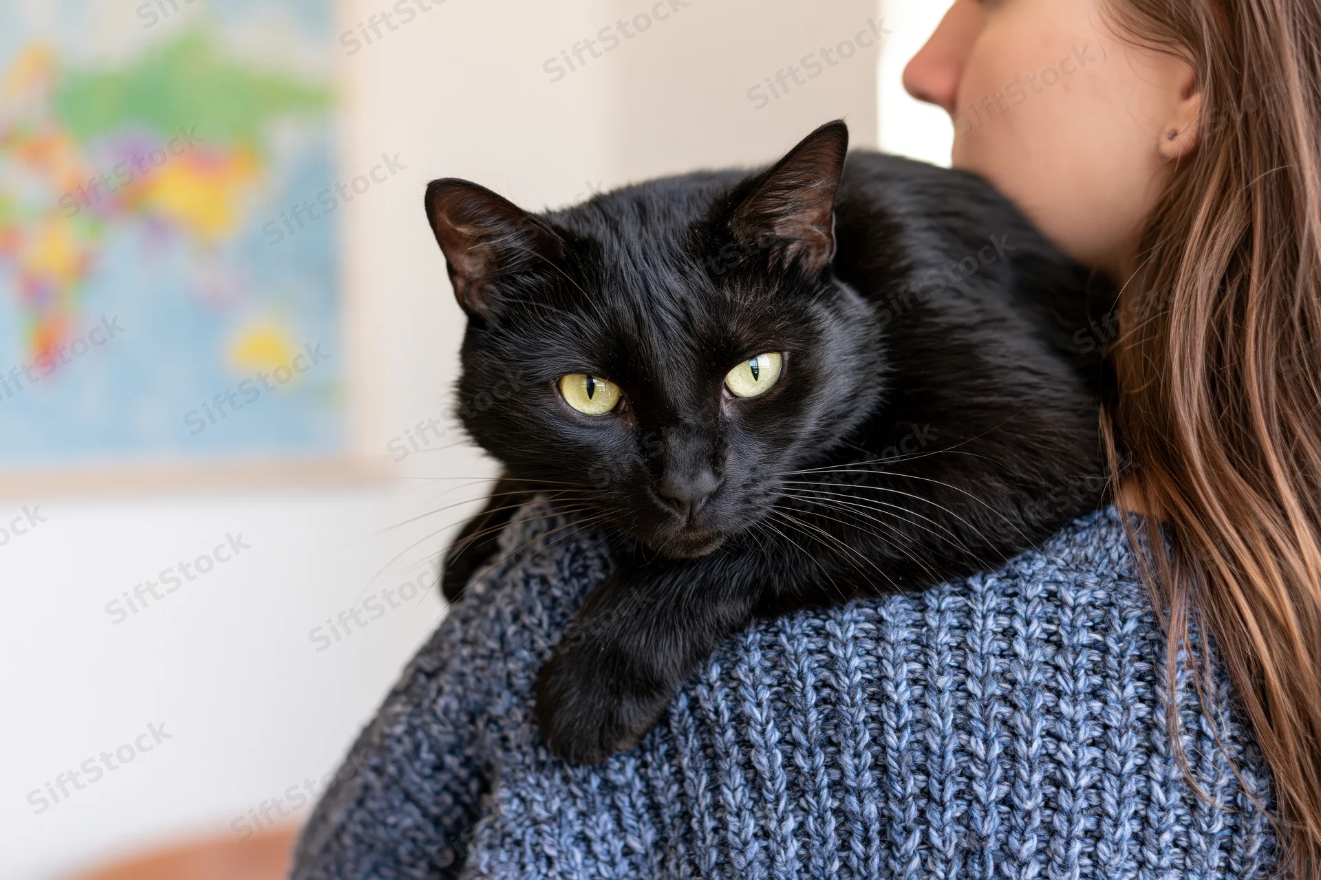 Black cat resting on a young woman's shoulder indoors