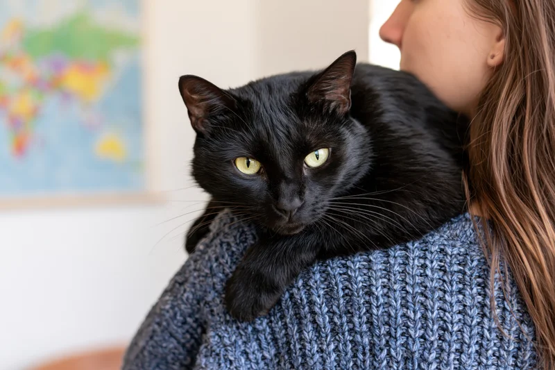 Black cat resting on a young woman's shoulder indoors
