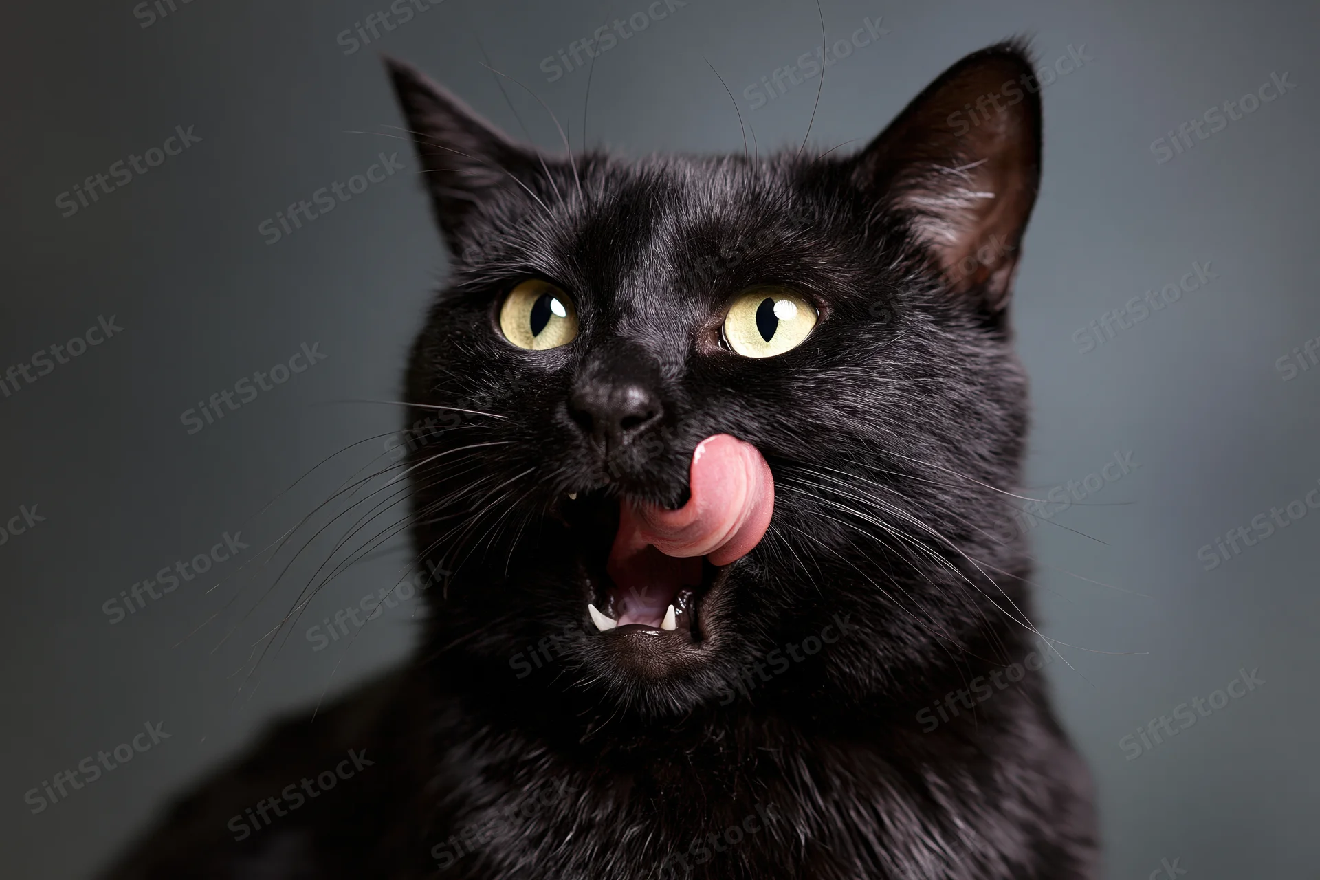 Black cat licking with tongue out in studio portrait