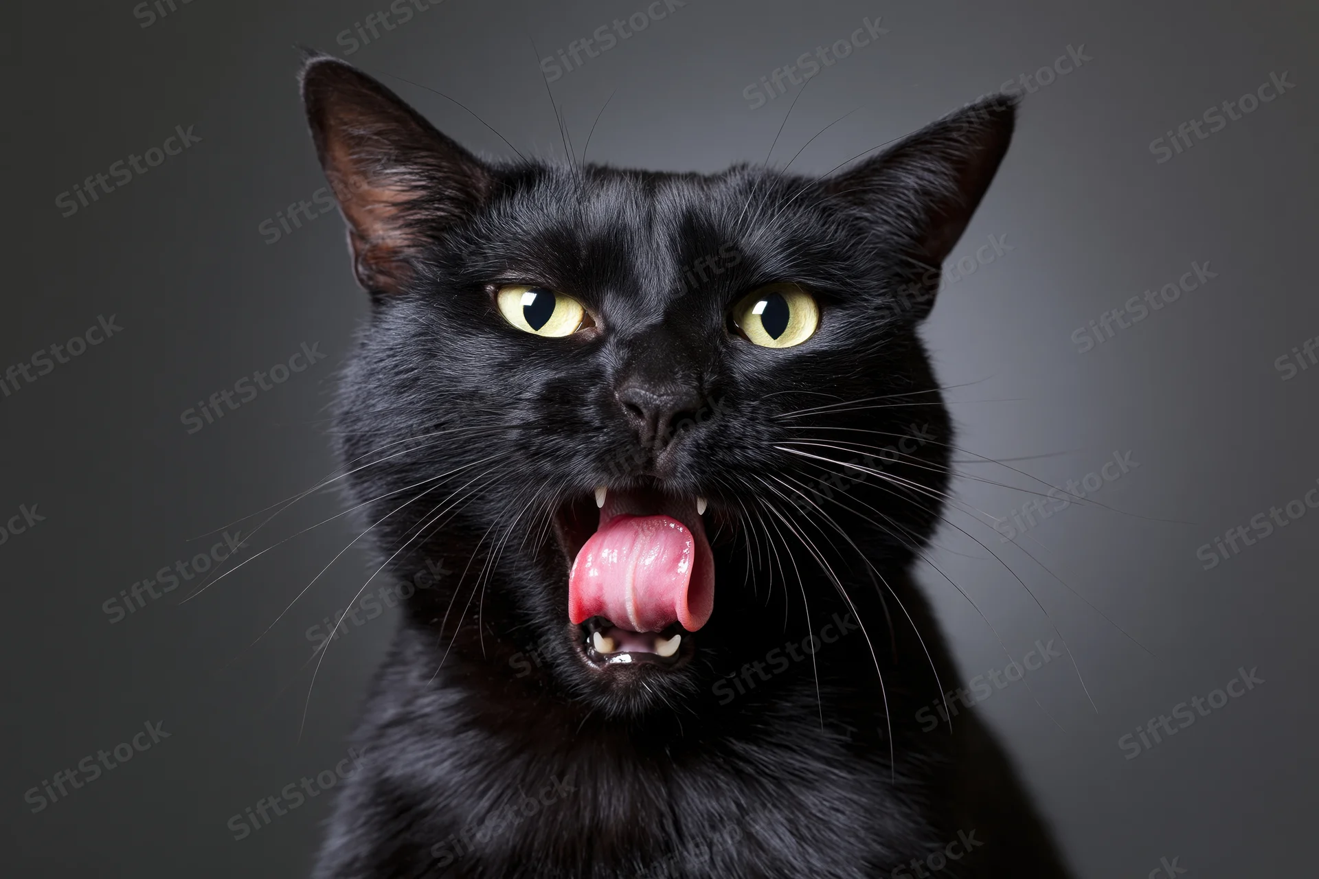 Black cat with mouth open and tongue out mid-lick in studio portrait