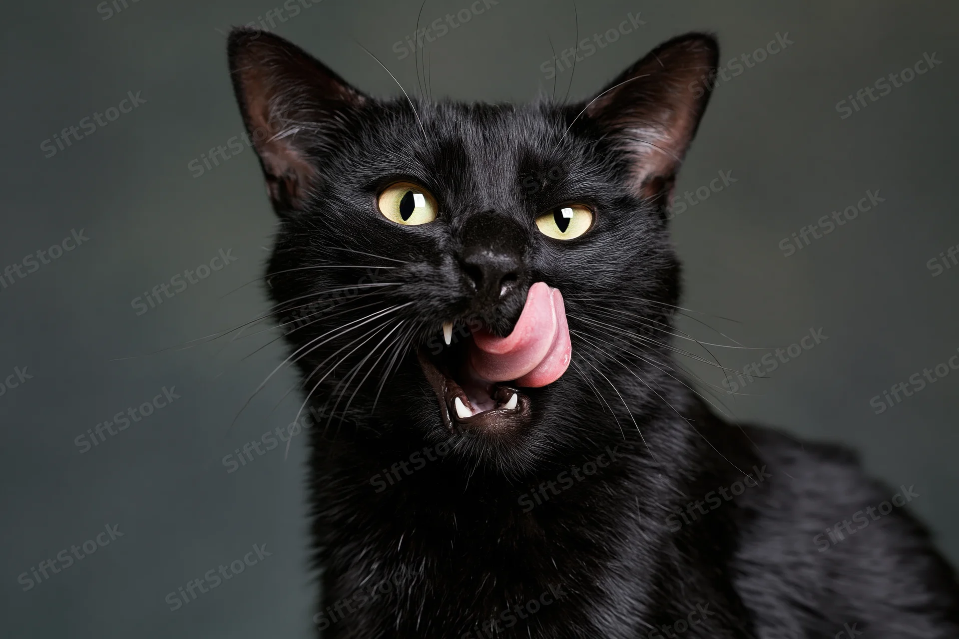 Black cat licking with tongue out in studio portrait