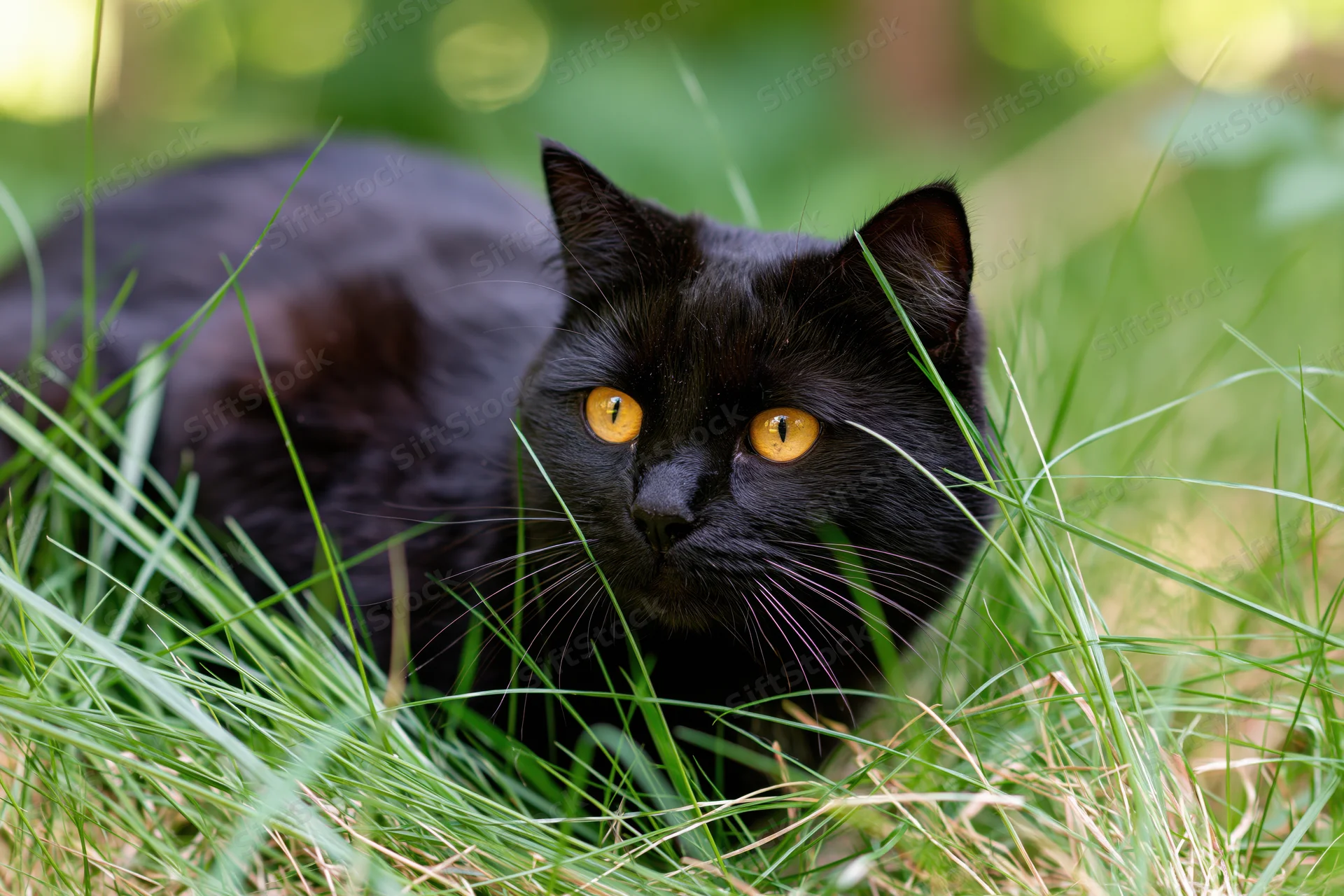 Black cat crouching alert in tall green grass outdoors