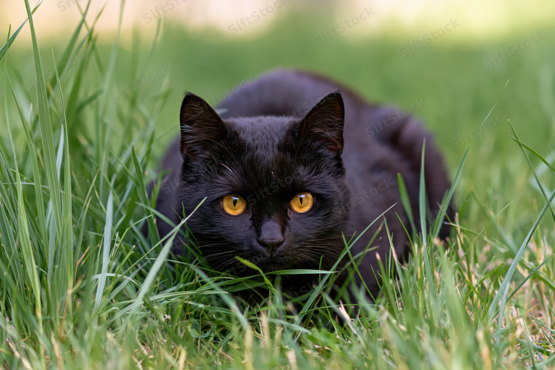 Black cat crouching low in tall green grass with amber eyes focused forward