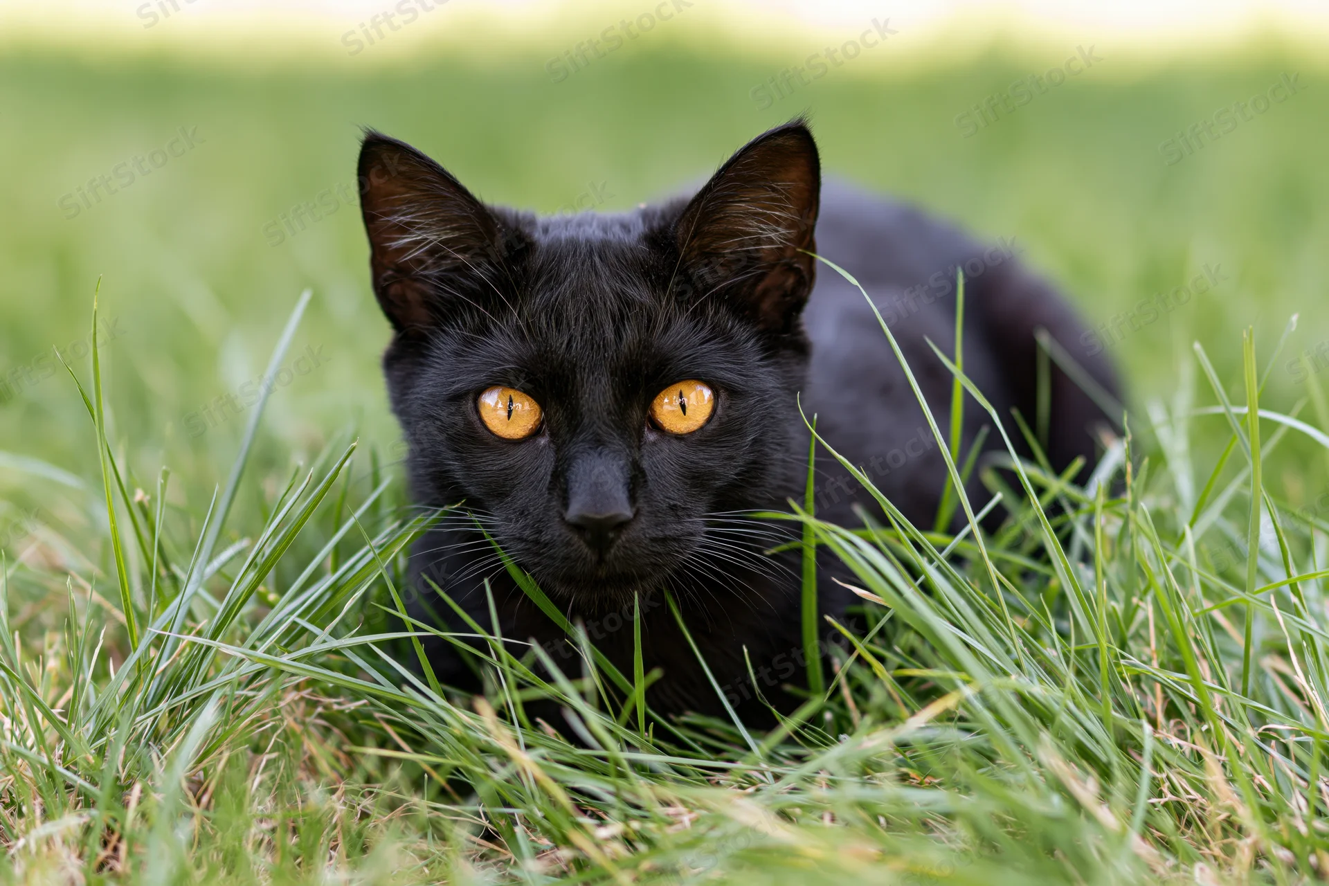Black cat crouching low in tall green grass, eyes focused forward