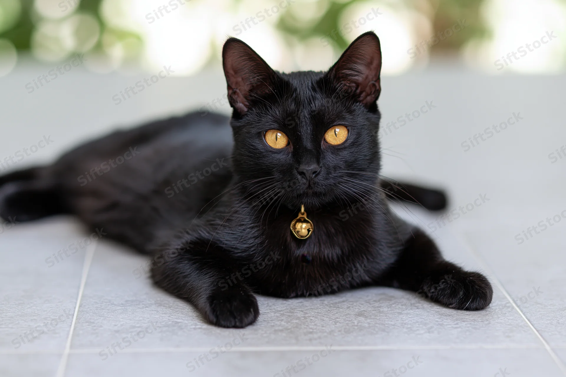 Black cat lying relaxed on tiled floor with golden bell collar, looking directly at camera