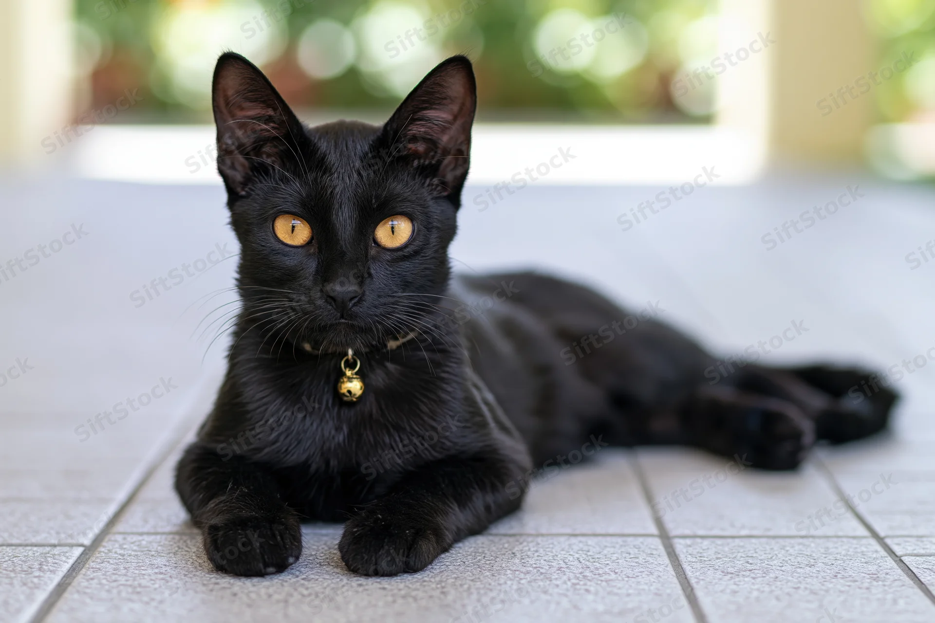 Black cat lying relaxed on tiled floor indoors with green garden view in background