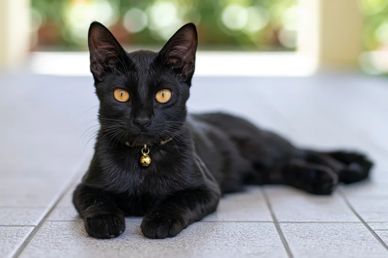 Black cat lying relaxed on tiled floor indoors with green garden view in background