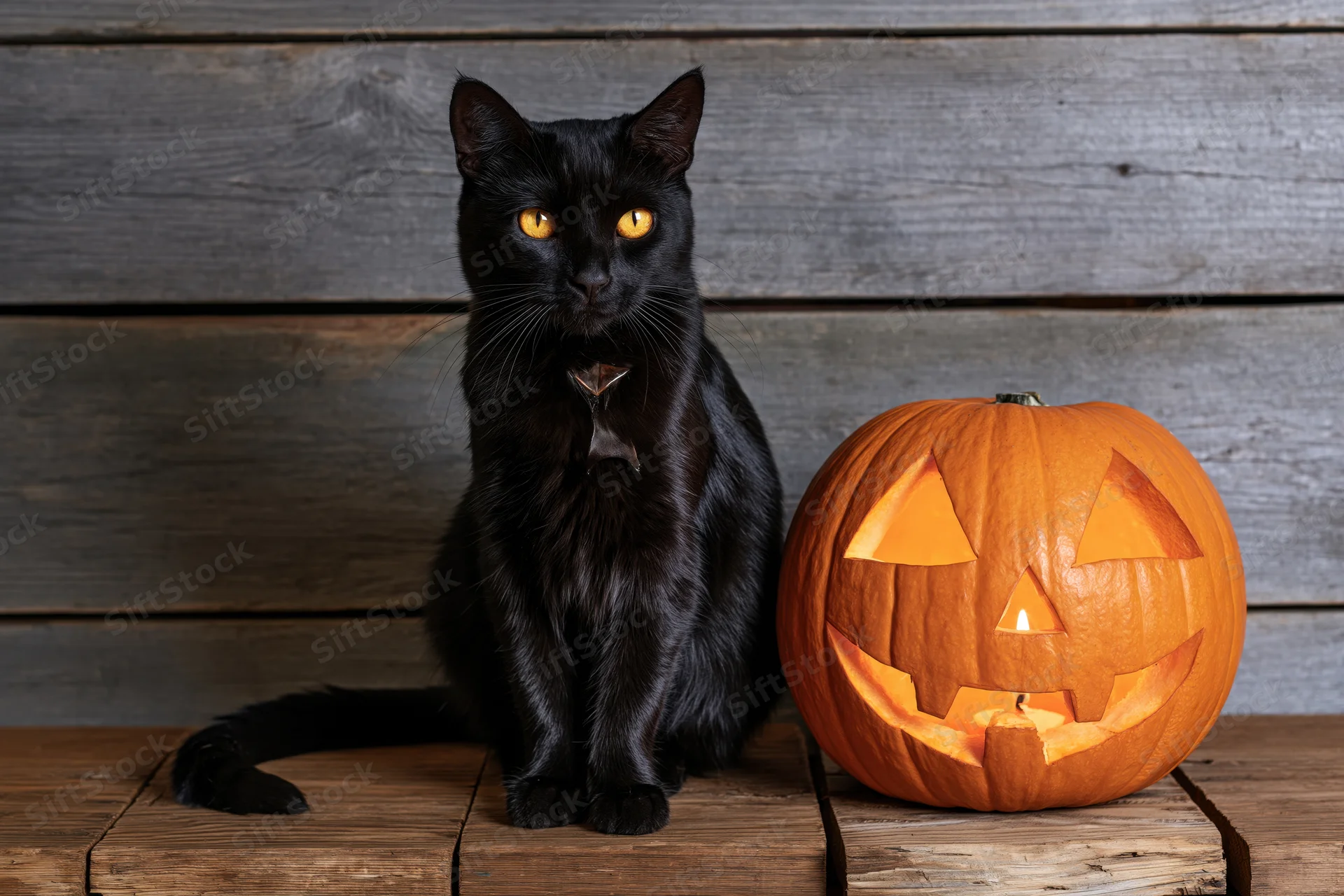 Black cat sitting upright beside a carved jack-o'-lantern with glowing candle on wooden bench