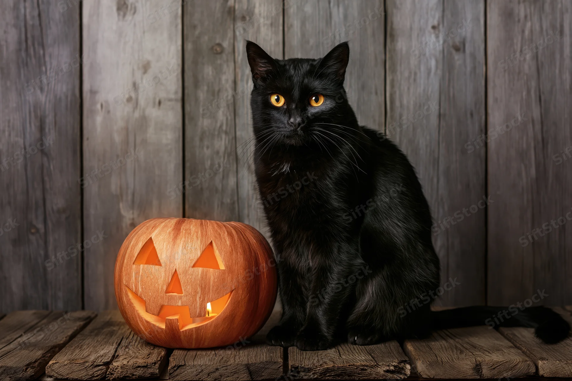 Black cat sitting upright beside a carved pumpkin with candlelight on wooden planks