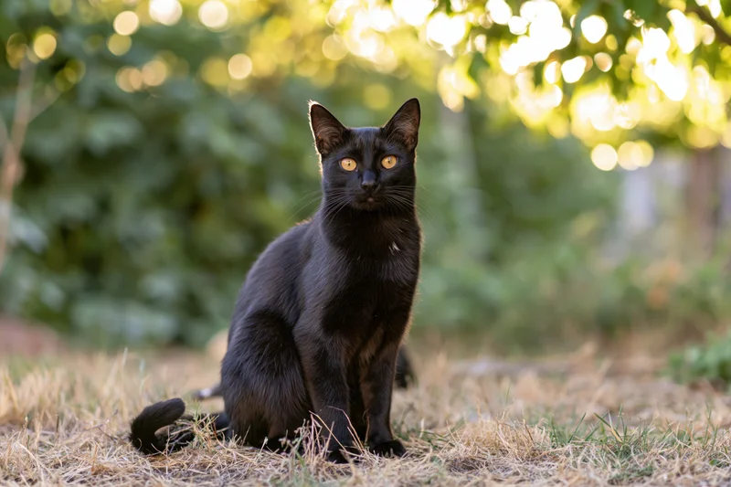 Black cat sitting upright on dry grass in a sunlit garden with blurred green foliage behind