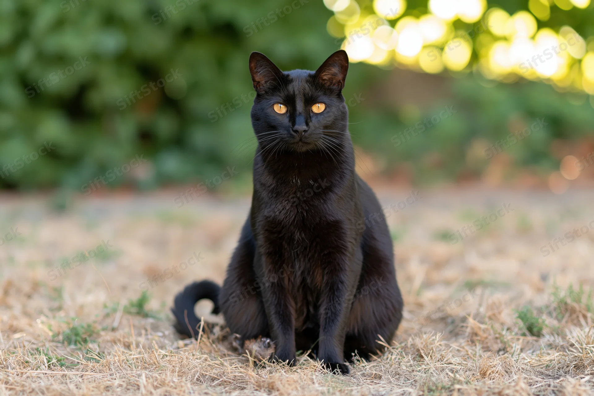 Black cat sitting upright on dry grass in a sunlit garden with green foliage and bokeh background