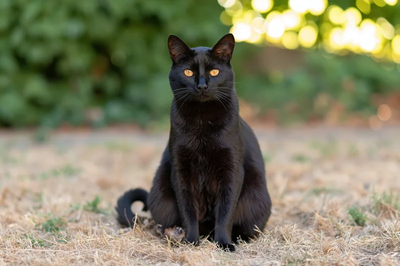 Black cat sitting upright on dry grass in a sunlit garden with green foliage and bokeh background
