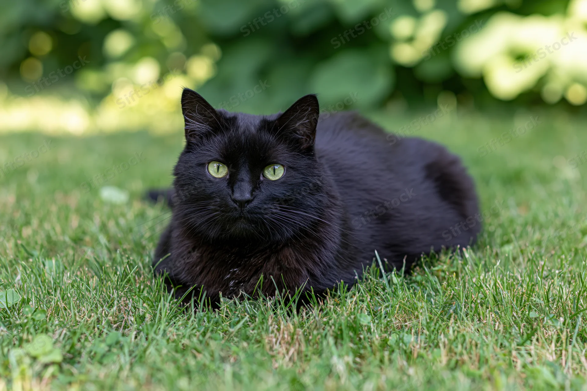 Black cat lying low in short grass with vivid green eyes, outdoors in a garden setting