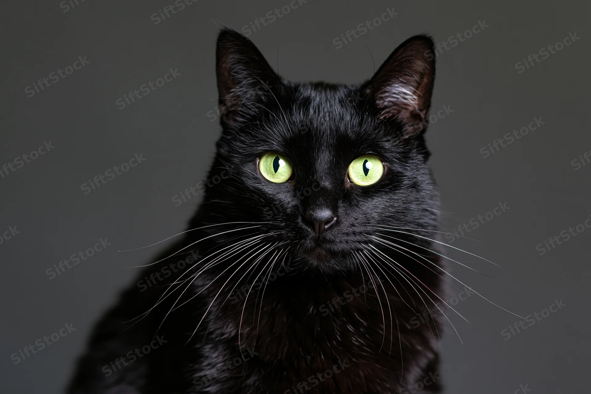 Black cat with vivid green eyes staring directly at camera in studio portrait