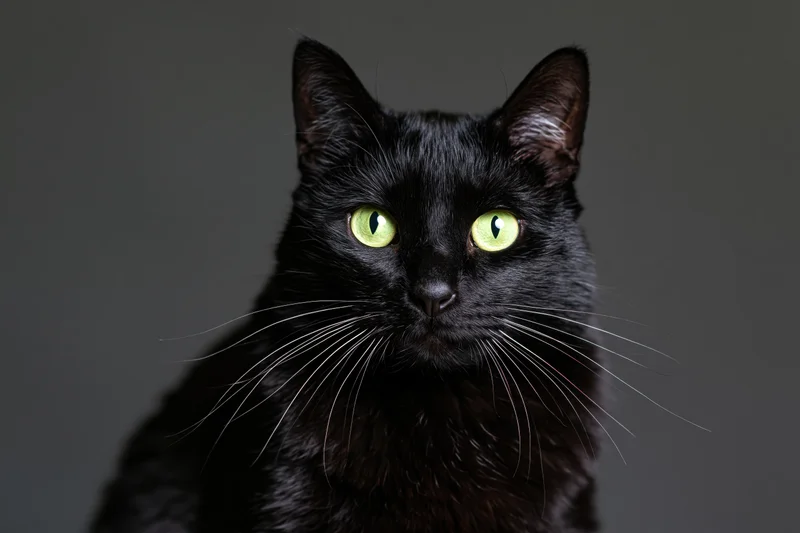 Black cat with vivid green eyes staring directly at camera in studio portrait