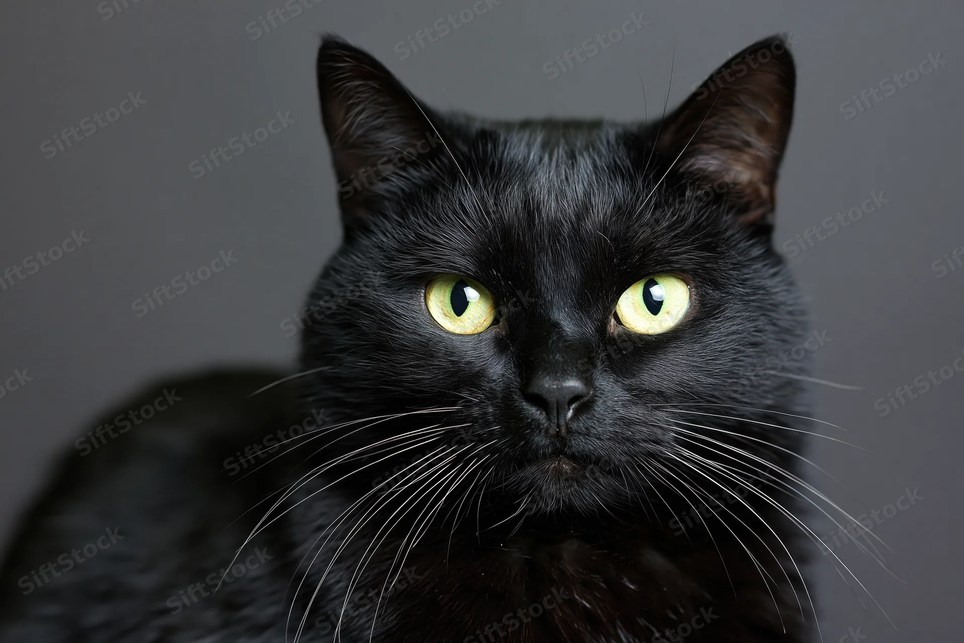 Black cat with green eyes staring directly at camera in studio portrait