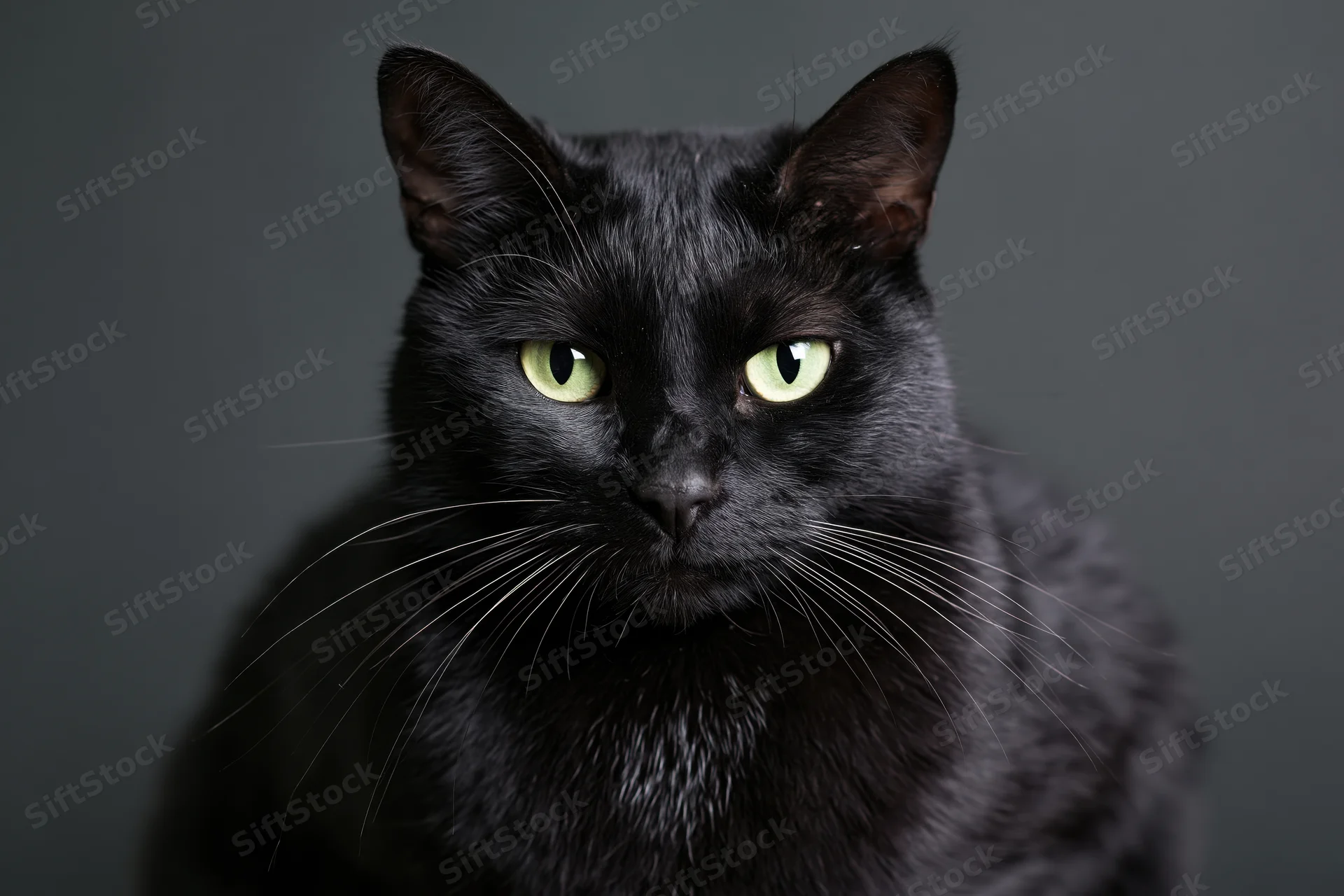 Black cat with vivid green eyes staring directly at camera in studio portrait