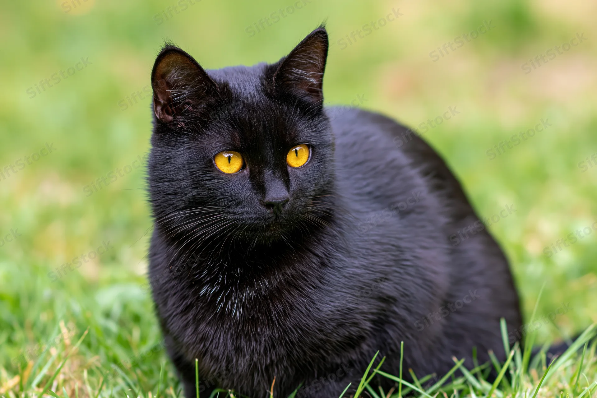 Black cat with bright yellow eyes sitting alertly in green grass