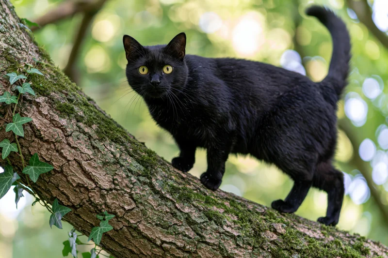 Black cat standing alert on mossy tree branch in forest