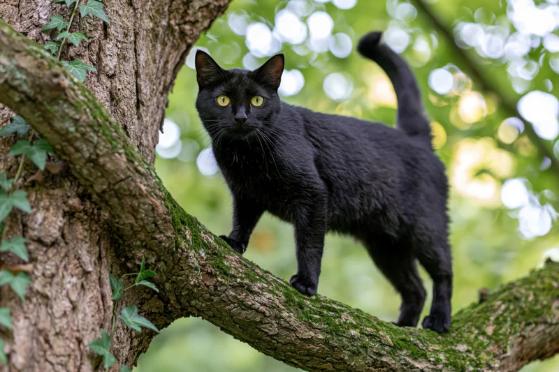 Black cat standing alert on mossy tree branch in forest setting