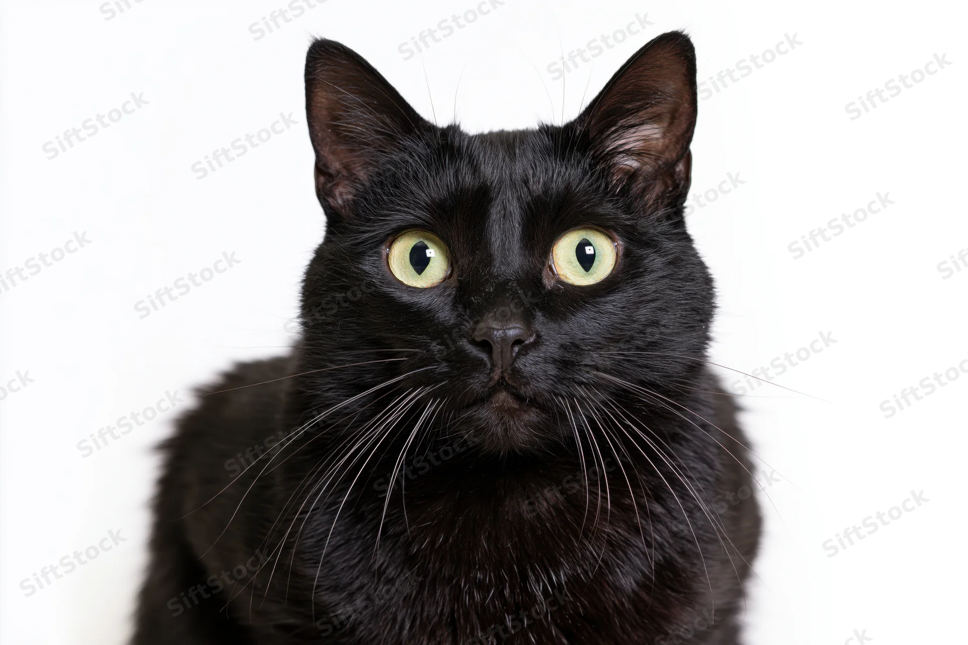 Black cat with wide green-yellow eyes staring directly at camera against white background