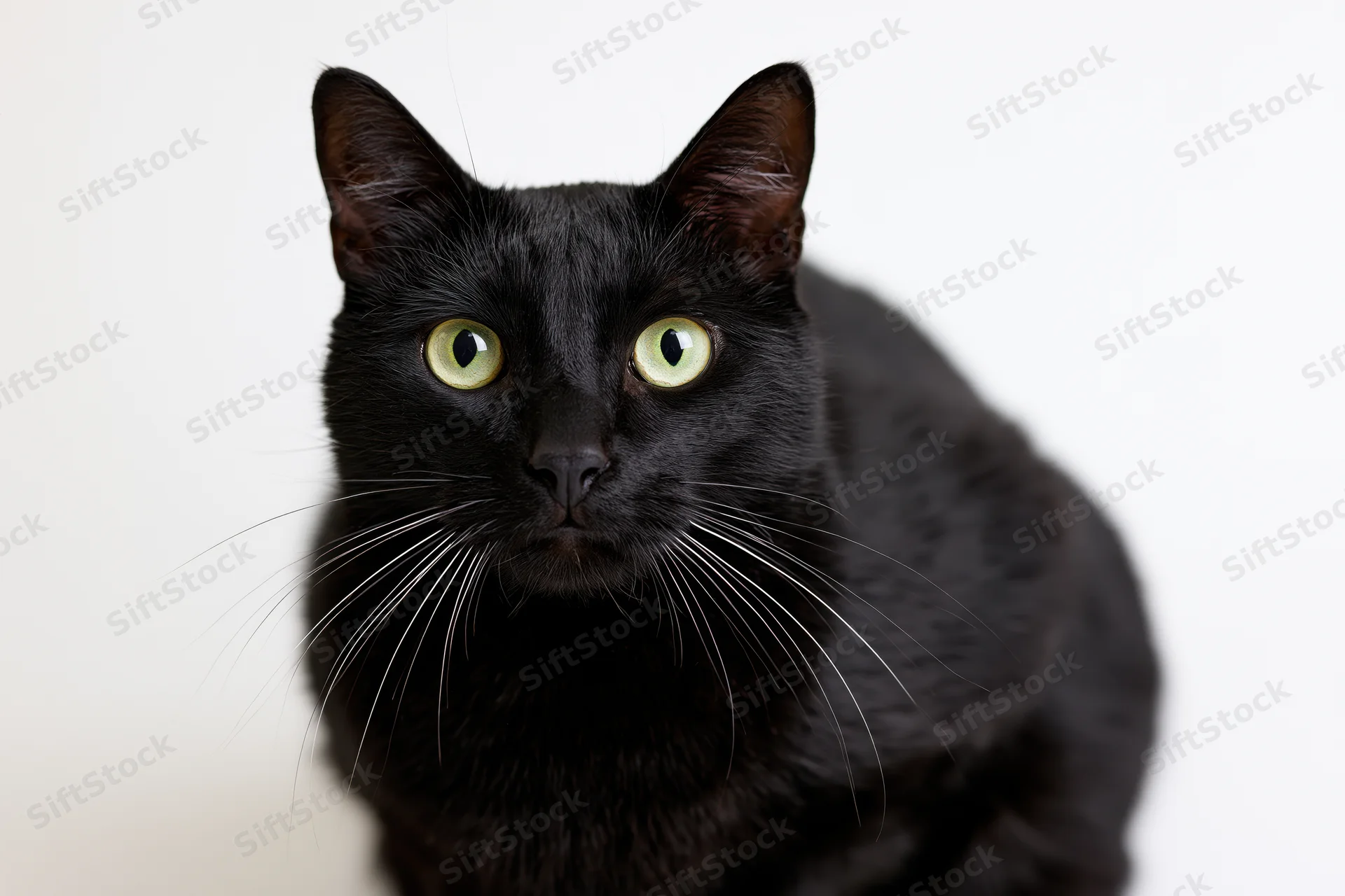 Black cat with wide green-yellow eyes staring directly at camera in studio portrait