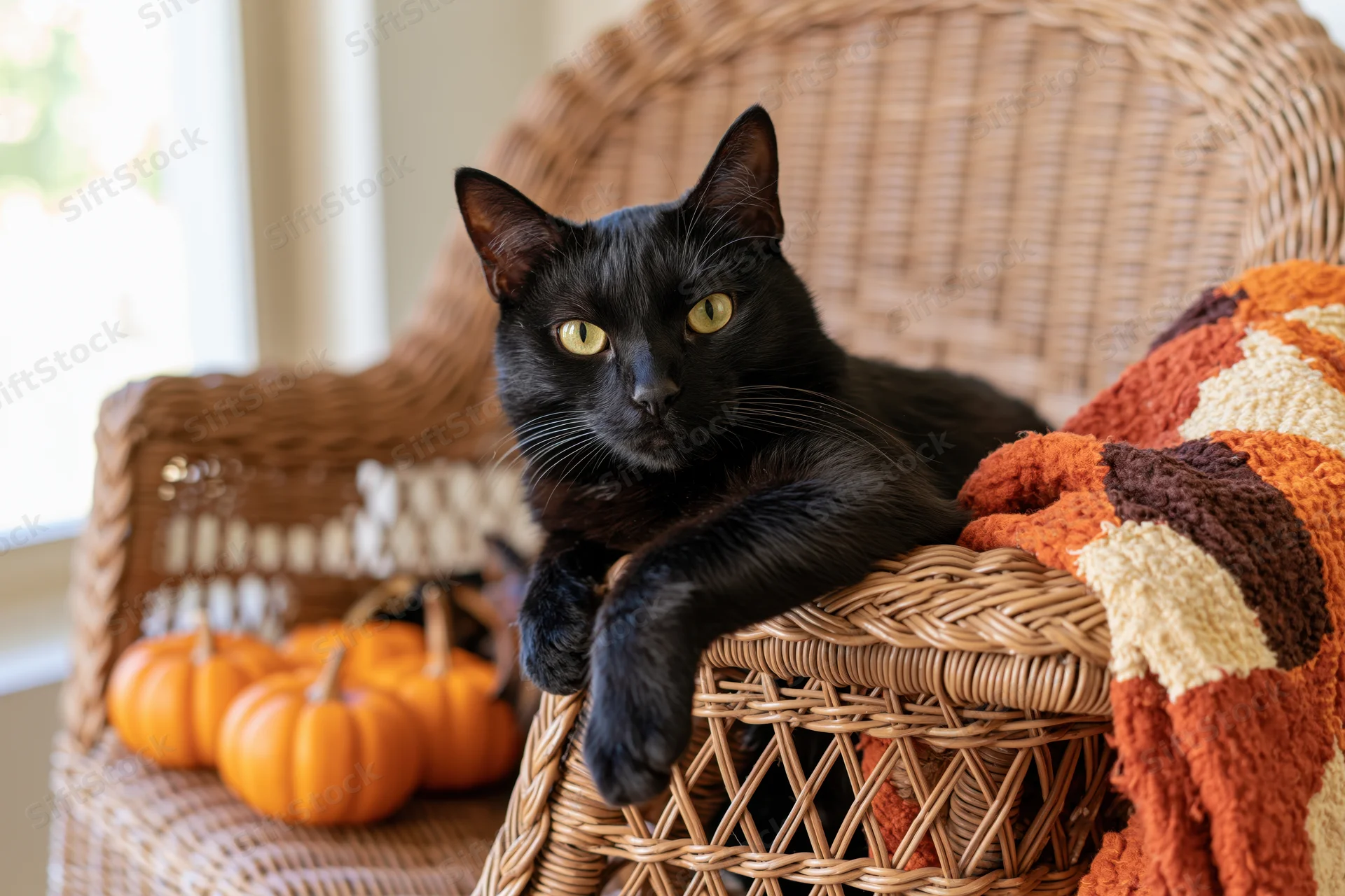 Black cat resting on arm of wicker chair with pumpkins and knitted blanket in cozy home interior
