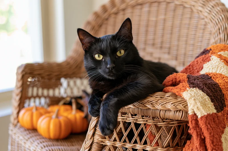 Black cat resting on arm of wicker chair with pumpkins and knitted blanket in cozy home interior