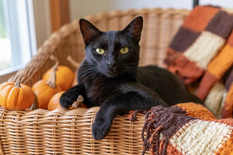 Black cat resting on wicker basket arm with pumpkins and autumn blanket nearby
