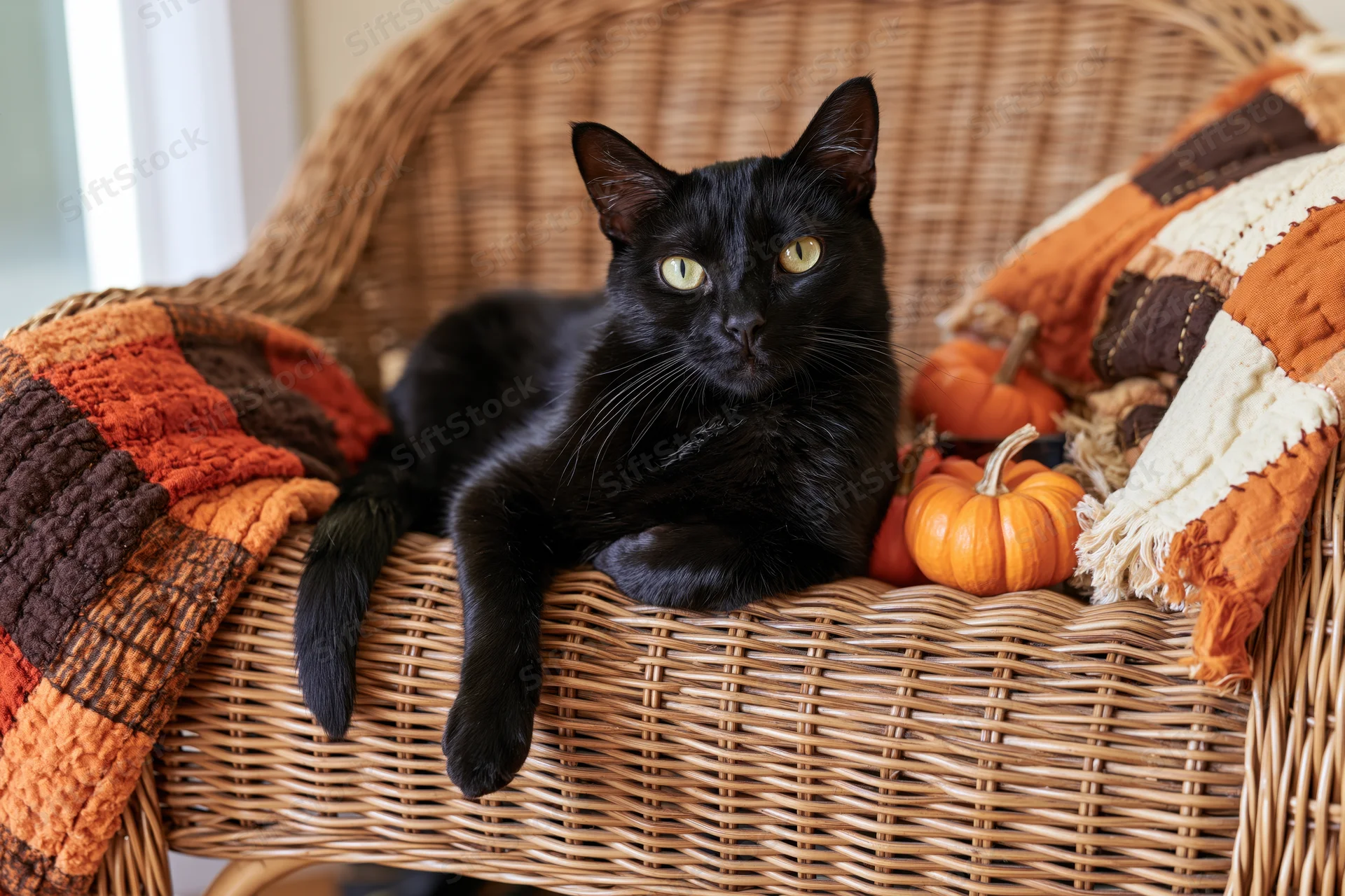 Black cat resting on wicker chair with pumpkins and patchwork blanket in cozy autumn home setting