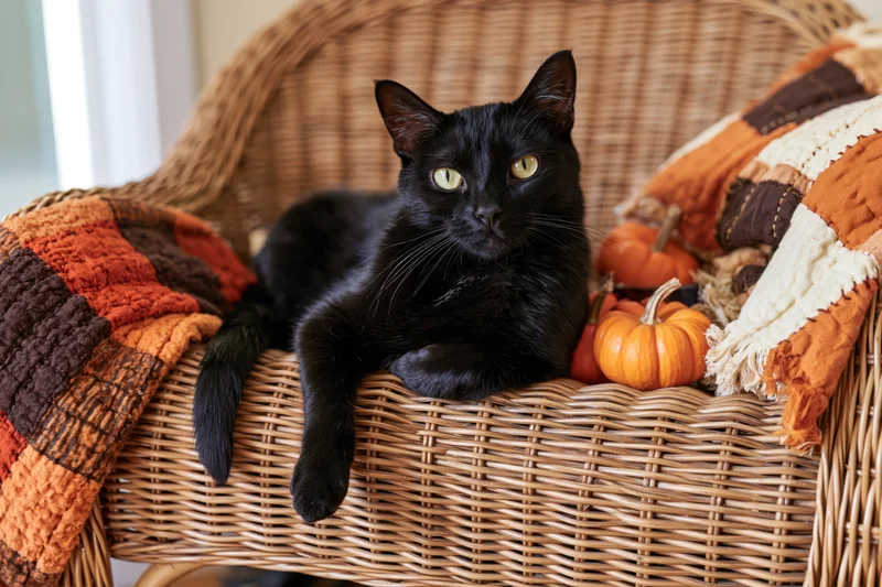 Black cat resting on wicker chair with pumpkins and patchwork blanket in cozy autumn home setting