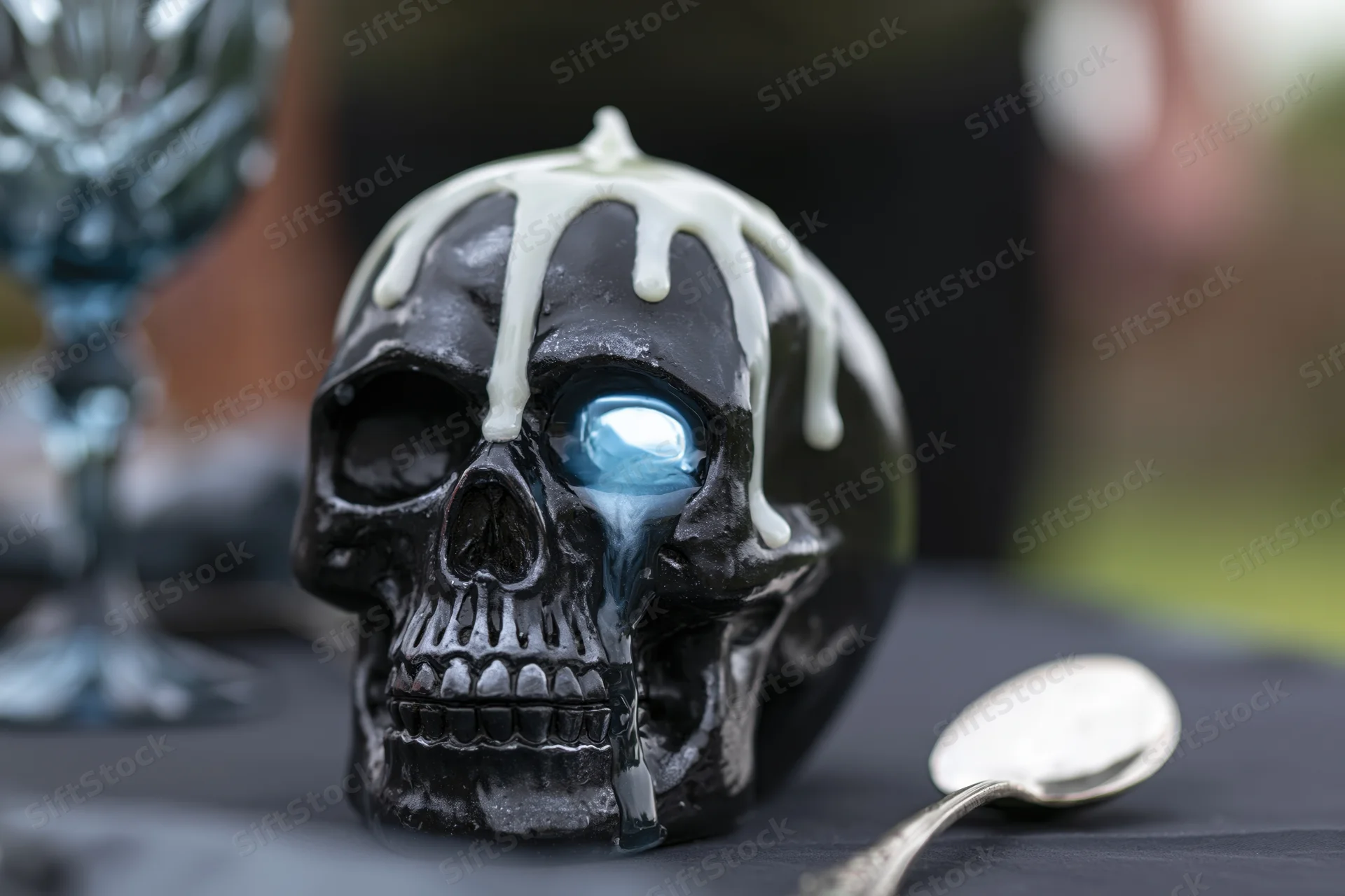 Black ceramic skull with melted white wax dripping on a dark table beside a spoon and glass