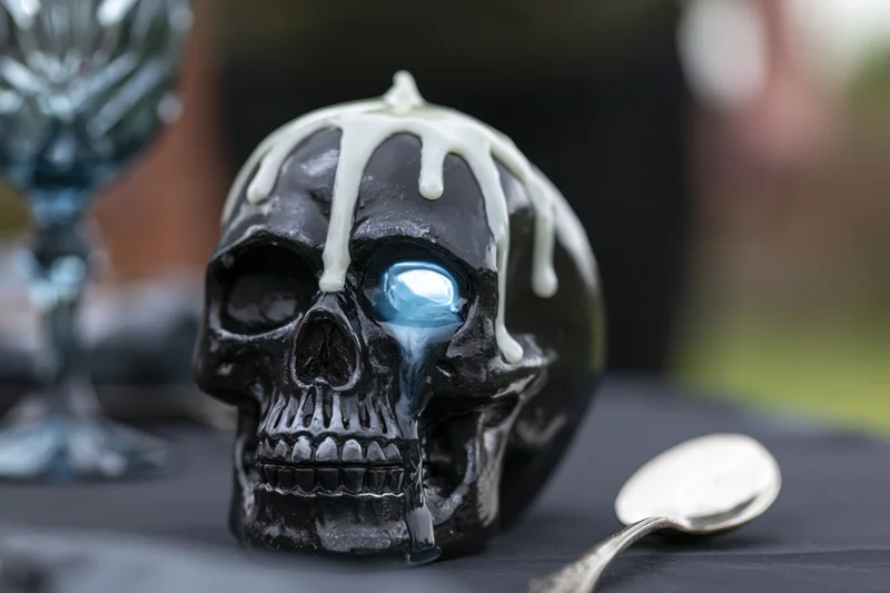 Black ceramic skull with melted white wax dripping on a dark table beside a spoon and glass